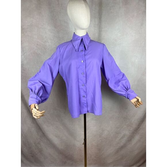 Vintage 1970s Dagger Top Bishop Sleeve Mod MCM Plus Size Large Disco Purple - Picture 1 of 9
